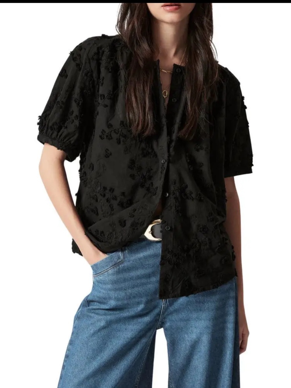 & Other Stories Overaized Black Embroidered Puff-Sleeve Button-Up Top size 6